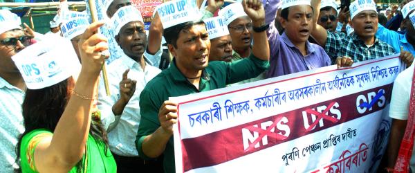 State Govt employees staging a protest  against NPS at Chachal in Guwahati on 24-03-25.Pix by UB Photos